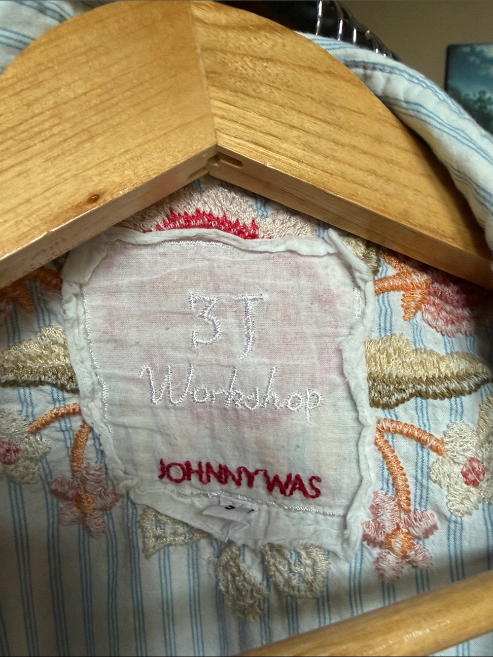Johnny Was Light Blue & White Striped Embroidered Floral Button-Up Blouse - Picture 2 of 3